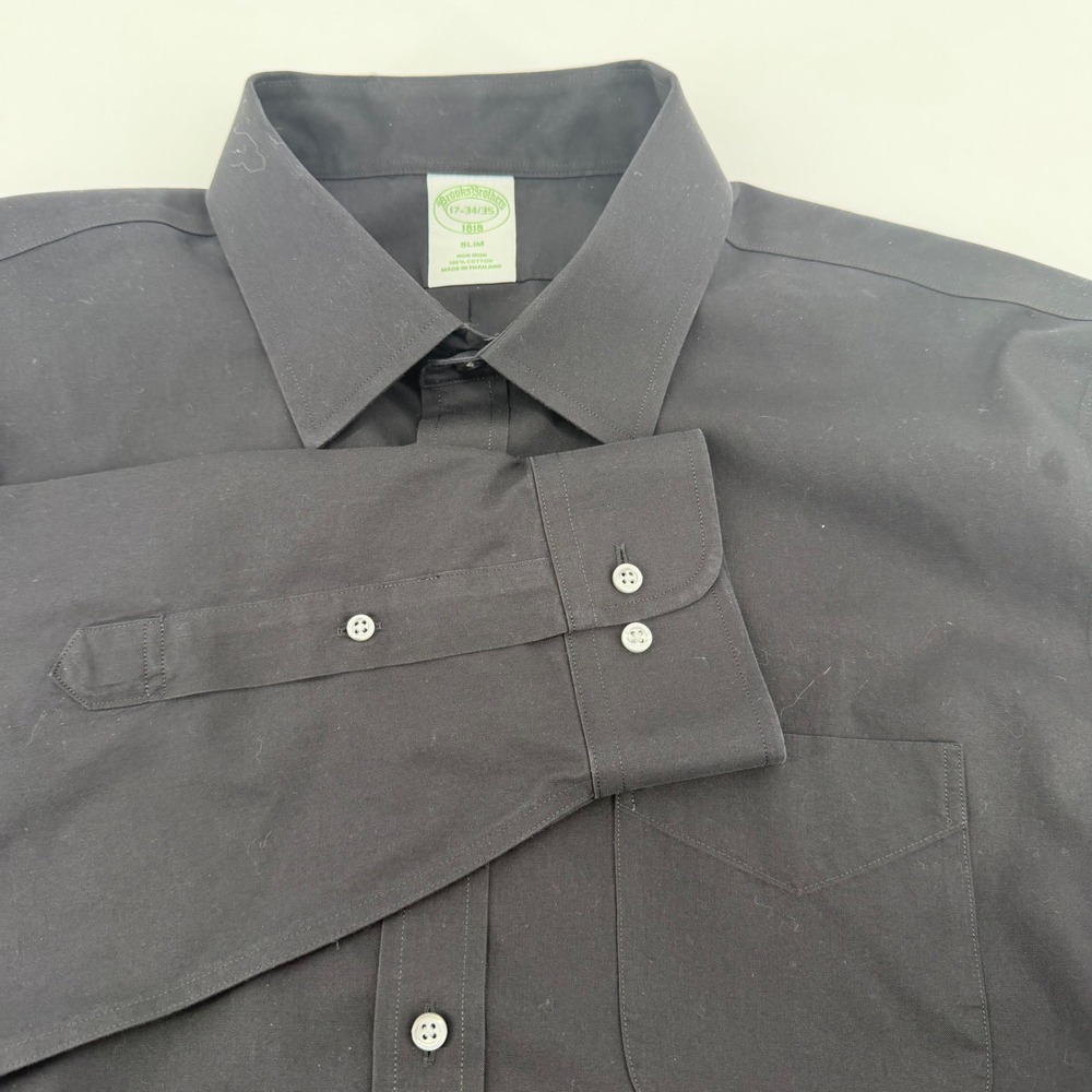 Brooks Brothers Dress Shirt Mens 17-34/35 Black 1818 Slim Fit Non-Iron Cotton